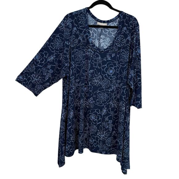 Woman Within 3X Tunic Blue Floral roundneck 3/4 Sleeve Stretch Knit Pullover - Picture 1 of 9